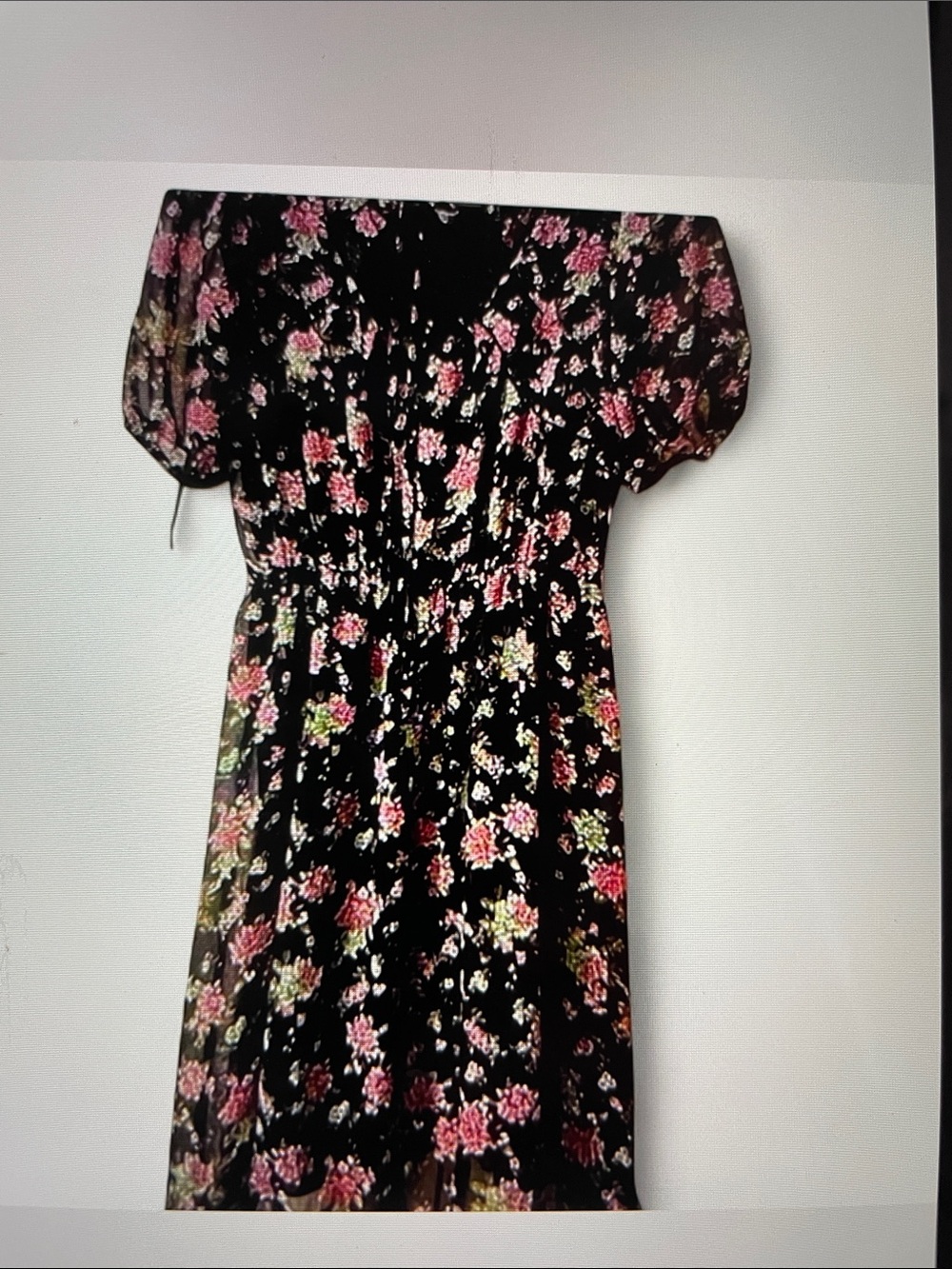 Stella & Julie Midi Dress with Pink Floral Print and Puff Sleeves. 35” length